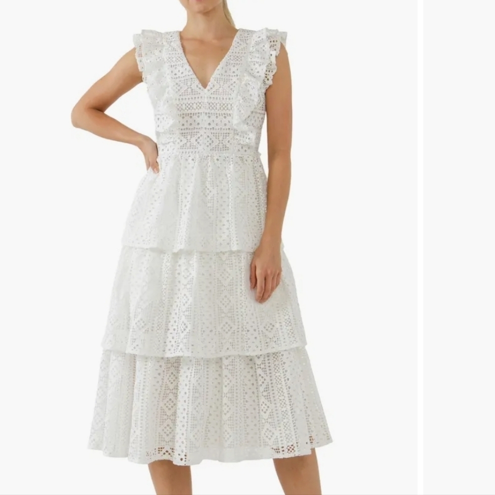 Endless Rose white Lace Ruffle Tiered Midi Dress large